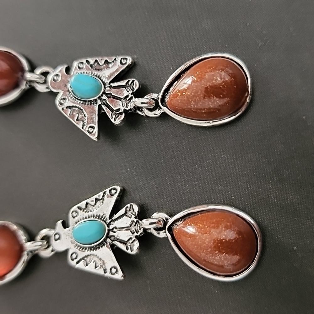 VINTAGE Turquoise Totem Dangle Earrings Boho Tribal Inspired Copper Goldstone - Picture 9 of 13